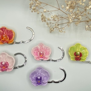 Handmade Orchid Purse Hanger with Velvet Pouch • Foldable Table Bag Hook • Polymer Clay Flower Purse Holder • holiday Gift for woman