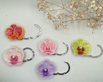 Handmade Orchid Purse Hanger with Velvet Pouch • Foldable Table Bag Hook • Polymer Clay Flower Purse Holder • holiday Gift for woman