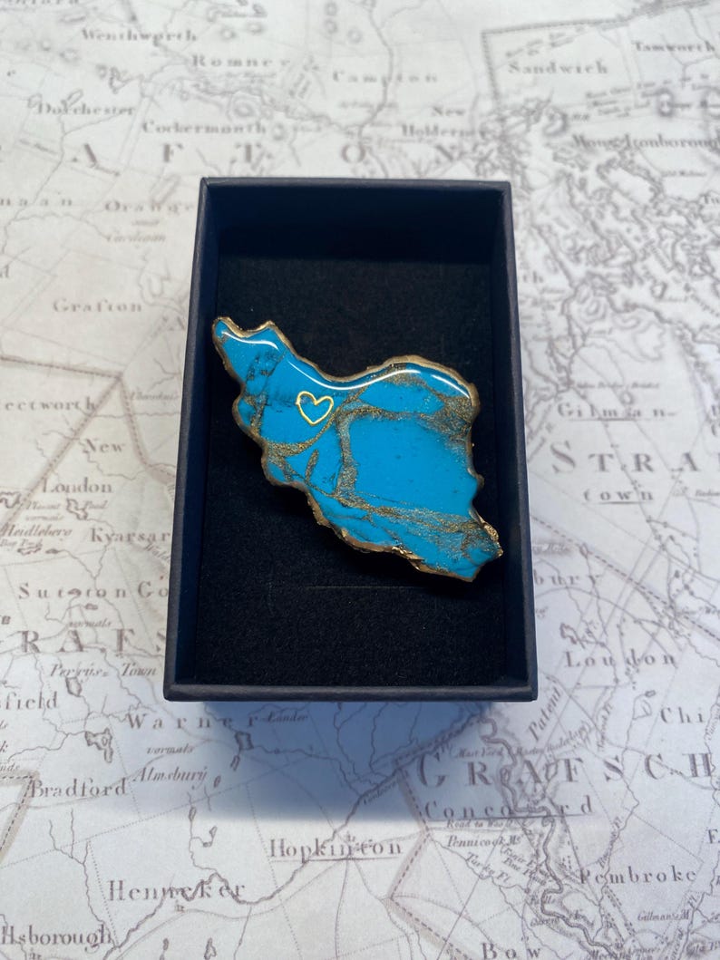 Handmade Iran Map Brooch | Turquoise and Gold marble Polymer Clay Pin | Persian Pride Gift | Iran Map Jewelry | Farsi Gift for Her image 6