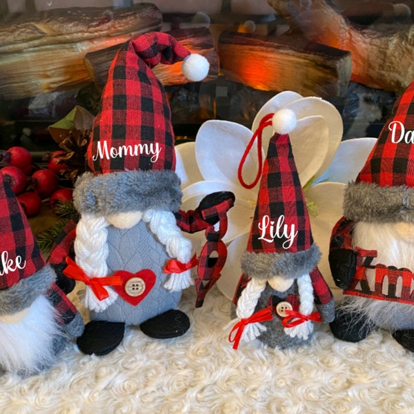 Personalized family christmas Gnome,  red buffalo plaid Gnome Christmas decorations, Christmas 2023 gift, farmhouse, country style christmas