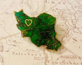 Handmade Green & Gold Polymer Clay map Brooch,  Persian Heritage Gift, Farsi Gift for Her, Cultural gift for persian mom