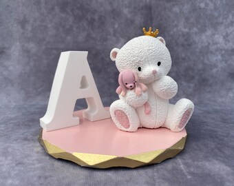 personalized nursery room decor, handmade letter with bear for newborn, girls, boys room accessories , concrete letter, bear with stand