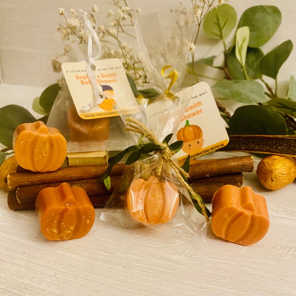 Set of 10 mini pumpkin soaps for fall themed baby, bridal shower favor. personalized handmade goat milk, oatmeal pumpkin soap party gift