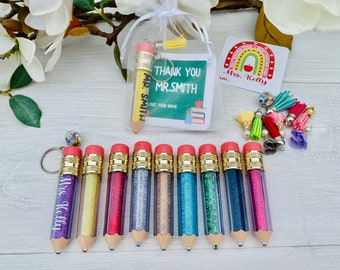 Personalized Teacher keychain, End of year teacher gift, Glitter Pencil teacher gift with Thank you card, Faux leather tassel, floral charm