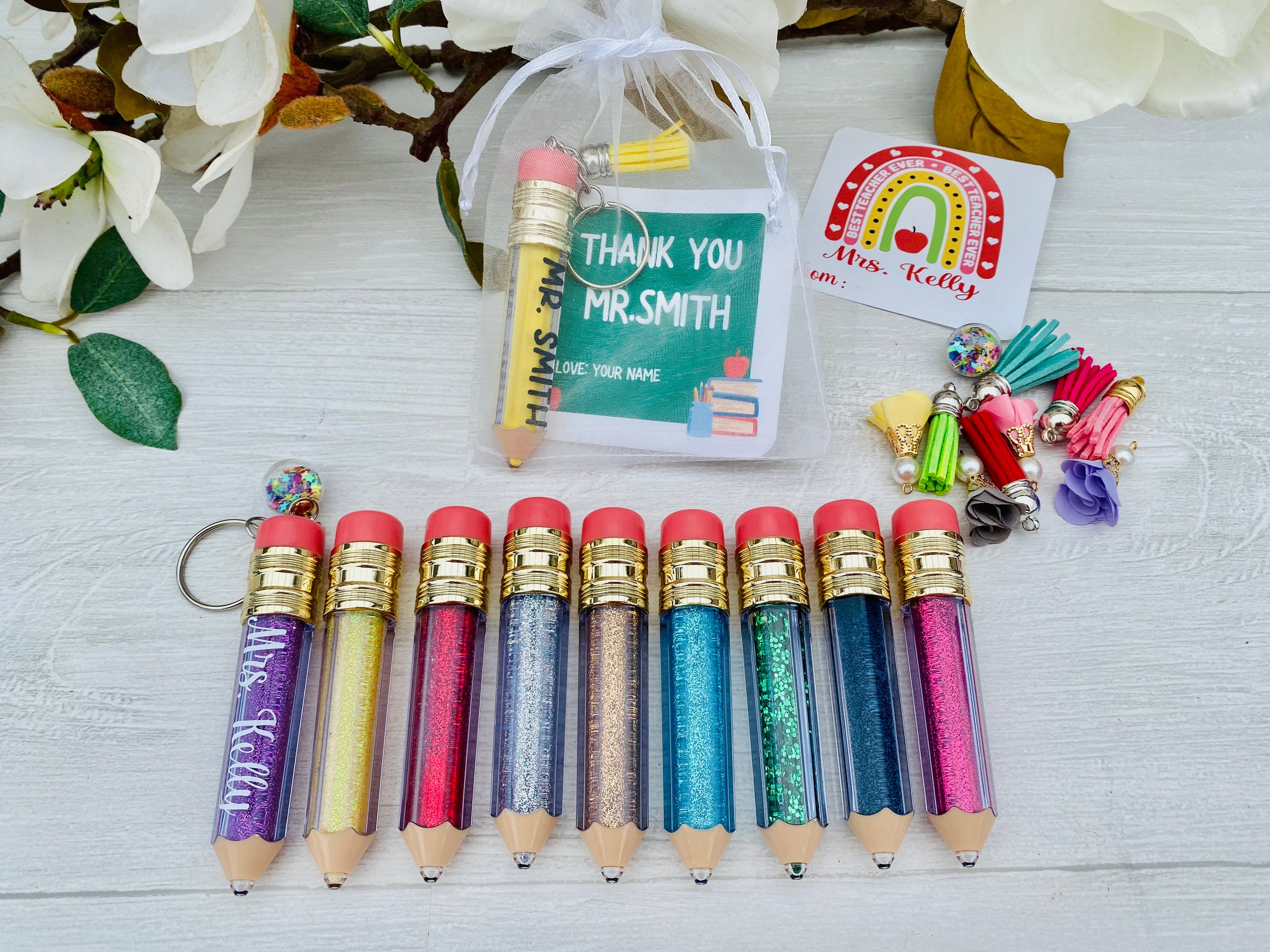 Personalized Teacher Keychain, End Of Year Teacher Gift, Glitter Pencil Gift With Thank You Card, Faux Leather Tassel, Floral Charm