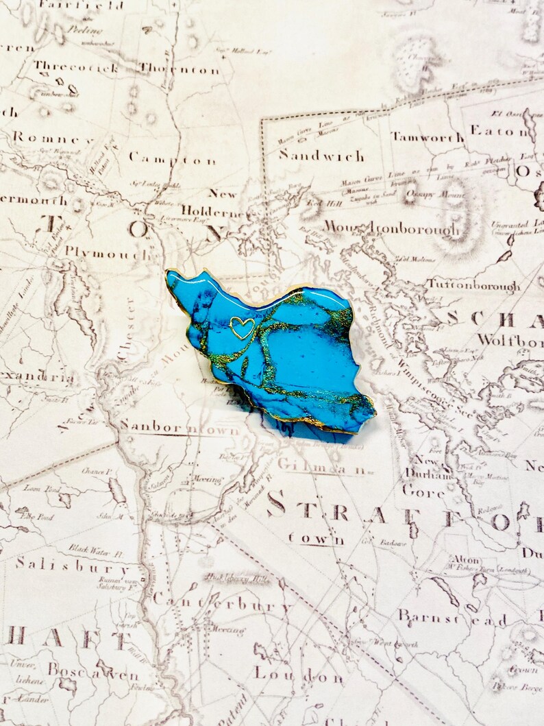 Handmade Iran Map Brooch | Turquoise and Gold marble Polymer Clay Pin | Persian Pride Gift | Iran Map Jewelry | Farsi Gift for Her image 3
