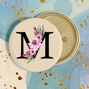 personalized Initial back pin Button, initial badge, floral pin with name, party favor, Alphabet letter pin badge