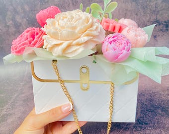 Handmade Victorian Rose Soap Flower Bouquet - Purse Gift Bag