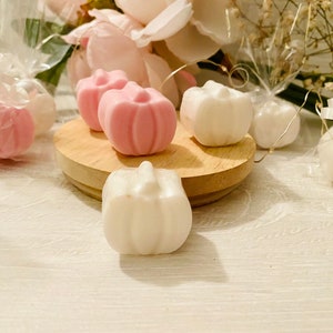 Set of 10 white, pink pumpkin soaps for fall themed baby, bridal shower favor. personalized goat milk, oatmeal pumpkin soap party gift.