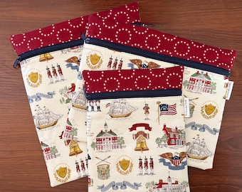 Patriotic Project Bag with cream Independence fabric with red accent for Cross stitch, Embroidery, iPad in multiple sizes