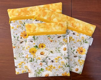 Bolsa para proyectos con estampado de margaritas para punto de cruz, bordado y iPad en varios tamaños.
