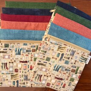Project Bag featuring fabric with images of vintage embroidery notions 10 x 12 or 10 x 7.5 for cross stitch, needlework, iPad, others