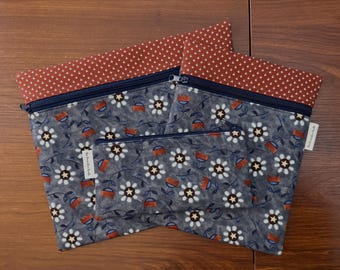 Patriotic floral Project Bag with blue Bright Stars fabric by Teresa Kogut in multiple sizes