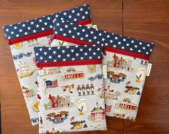 Patriotic Project Bag with blue Independence fabric & navy accent for Cross stitch, Embroidery, iPad in multiple sizes
