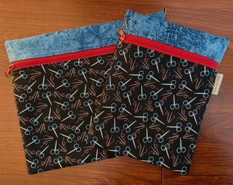 Patriotic Project Bag with blue scissors, white needles & red thread for Cross stitch, Embroidery, iPad in 2 sizes