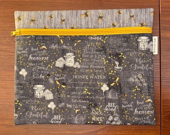 Project Bag made from bee collage fabric on gray 10 x 12.5