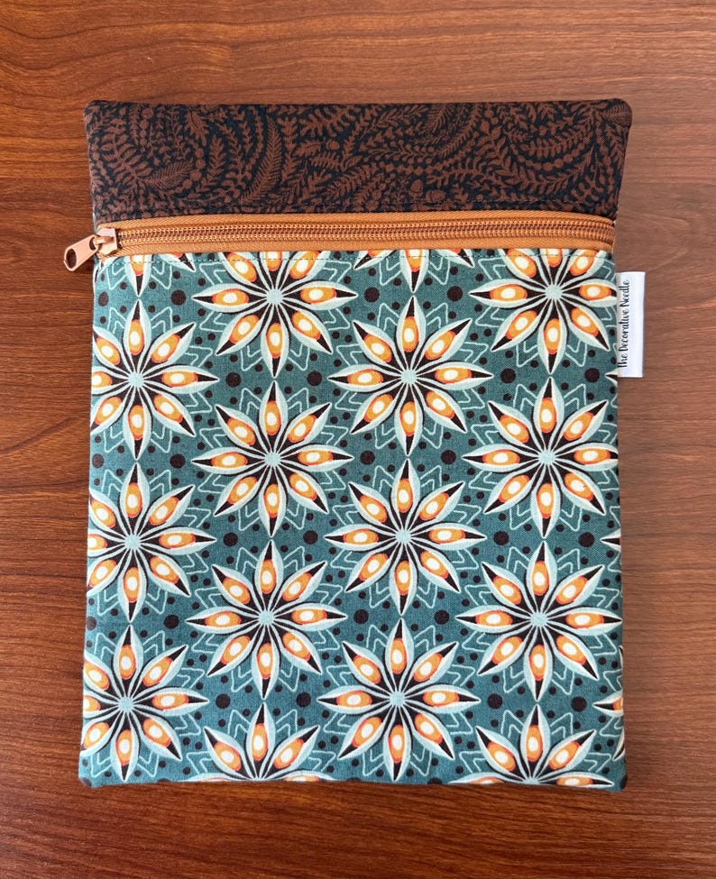 Green star floral Project Bag for Cross Stitch, Embroidery, iPad in two sizes Skinny - 10 x 7.5