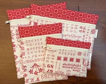 Stitched sampler print Project Bag for Cross Stitch, Embroidery, iPad in rose colorway in multiple sizes