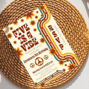 Editable Five Is A Vibe Retro Groovy 5th Birthday invite Boy Party Personalized instant download