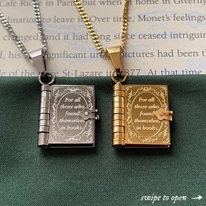 Book Lovers Necklace - Engraved Openable Book Chain Pendant Necklace