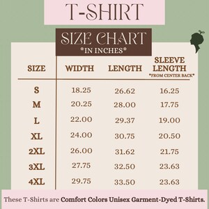 May include: A size chart for Comfort Colors unisex garment-dyed T-shirts. The chart displays sizes S to 4XL, with width, length, and sleeve length measurements in inches. The text "T-SHIRT" is at the top.