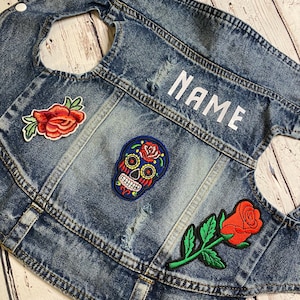 Denim Dog Jacket / Denim Dog Vest / Small Breed Dog Jacket / Chihuahua Denim Dog Vest / Custom Dog Jacket / Custom Patch Dog Jacket/ Skull