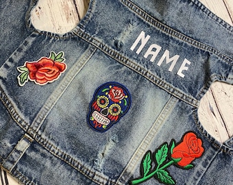 Custom Denim Dog Vest: Sugar Skull & Floral Patches