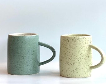 Handmade Modern Ceramic Mug, Yellow Speckled Cup, Green Speckled Cup, Modern Color Glazed Mug, Stoneware Latte Mug, 10 ounce Tapered Mug,