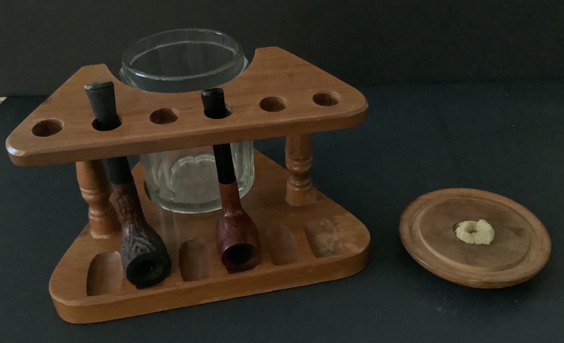 Vintage Wood Pipe Holder and Glass Humidor Etsy