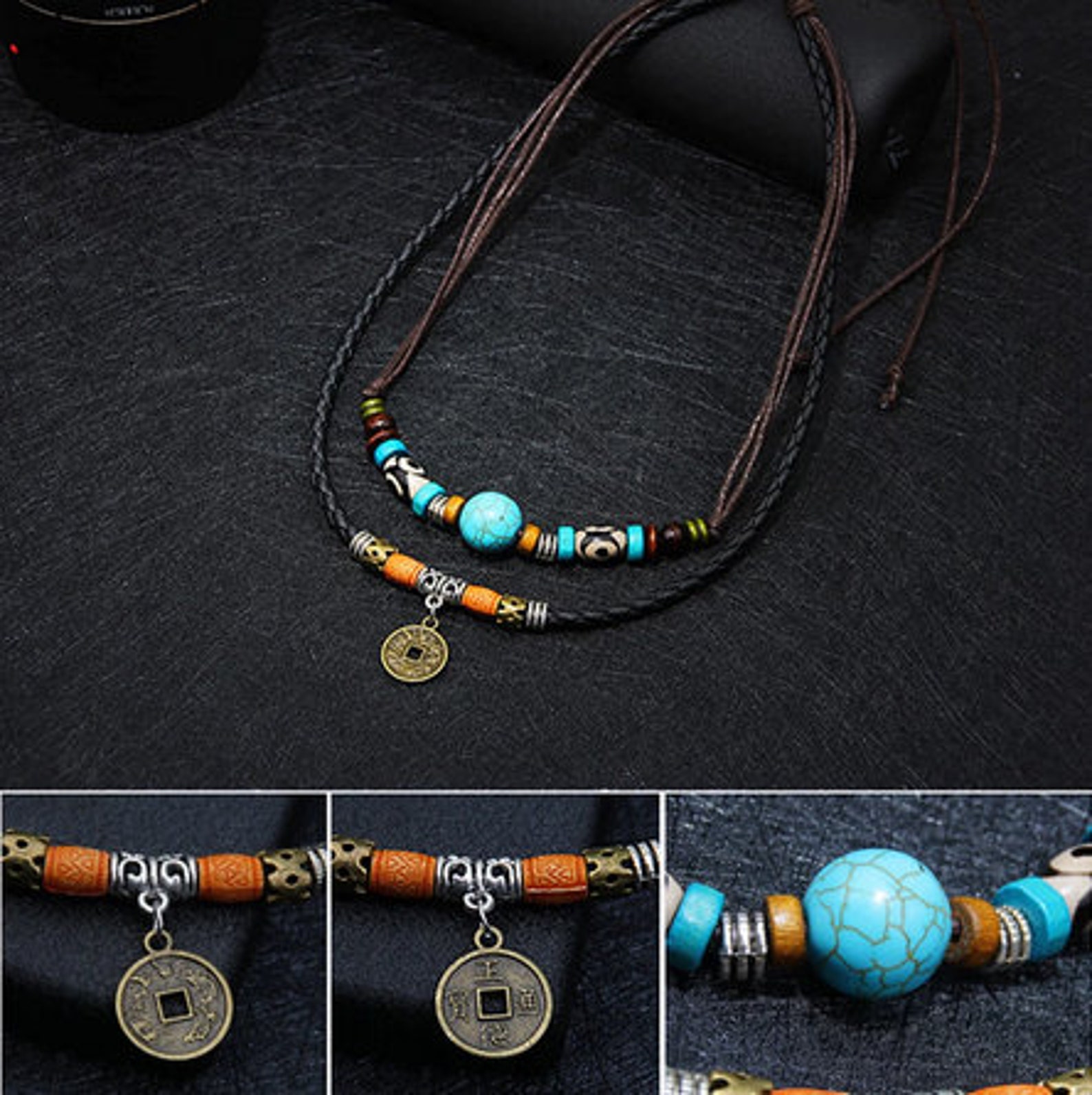 Men 2 Layers Leather Rope Necklace Vintage Fashion Retro Creative Coin