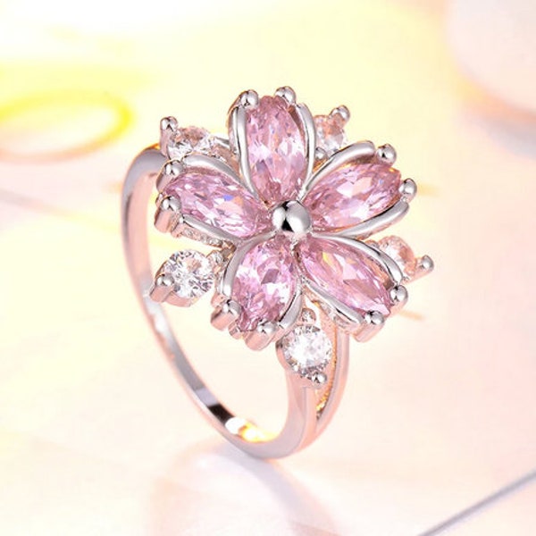 Elegante Mode Sakura Prinzessin Verlobungsringe für Brautschmuck Romantische Kirschblüten Zirkon Lady Ringe Vintage Rosa Blumen Ring