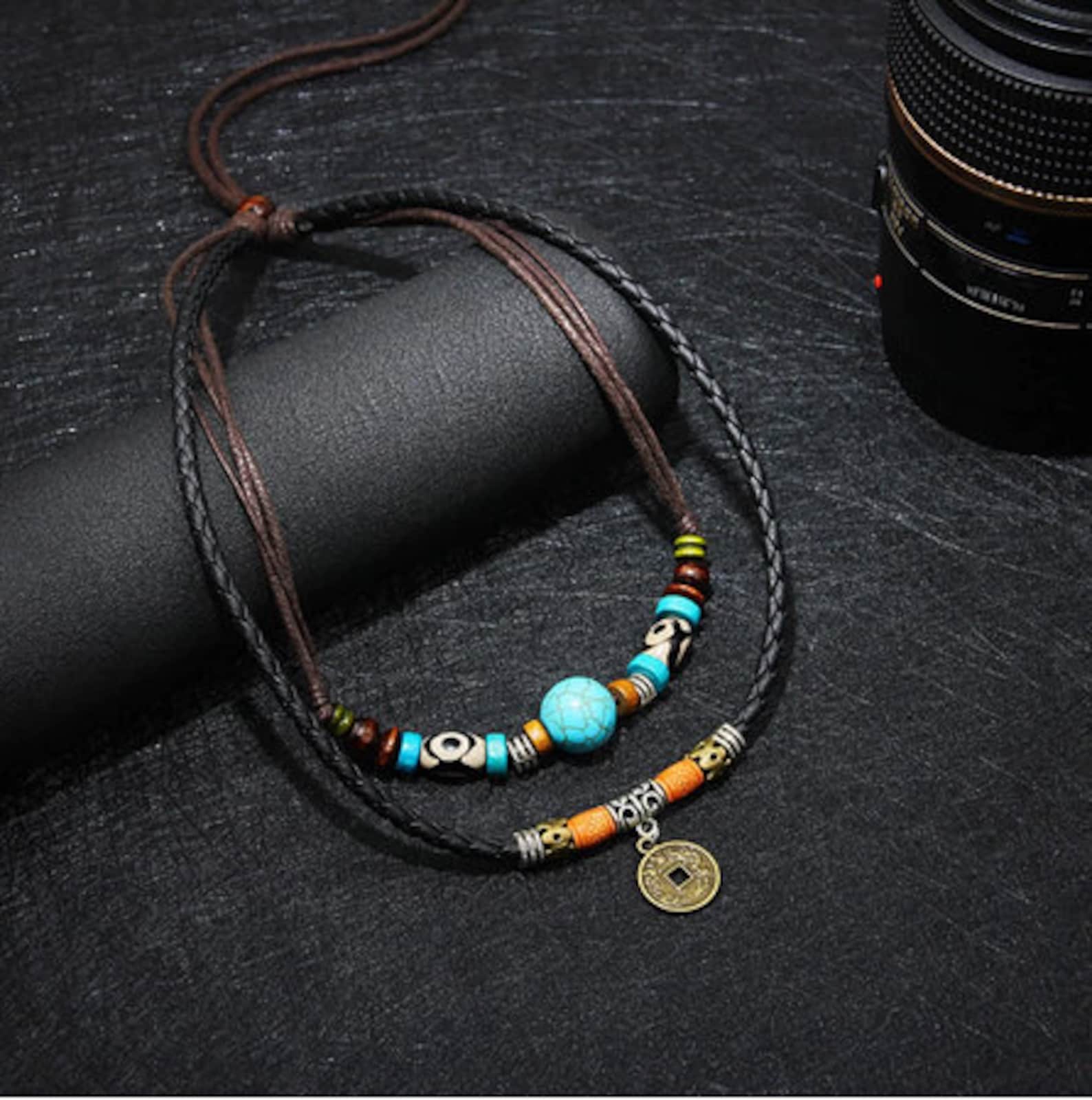 Men 2 Layers Leather Rope Necklace Vintage Fashion Retro Creative Coin