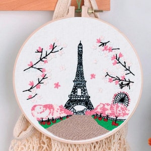 Paris Eiffel Tower Embroidery kit for beginner , DIY Beginner Starter ,Stamped Cloth with Pattern, embroidery Hoop, Color Threads, Needles