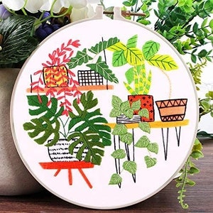 Plants Embroidery Kit- Floral Flower Pattern-Pre Print Fabric-embroidery kit beginner-Hoop art-DIY Craft Kit-Gift for mom