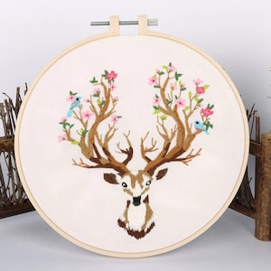 Embroidery Kit For Beginners| Modern Embroidery Kit with Pattern| Christmas Gift Elk Embroidery Full Kit | DIY Craft Kit Deer Floral Antlers