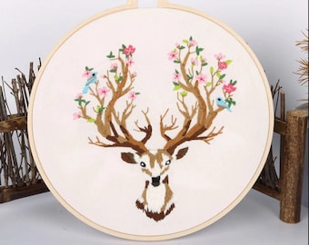 Embroidery Kit For Beginners| Modern Embroidery Kit with Pattern| Christmas Gift Elk Embroidery Full Kit | DIY Craft Kit Deer Floral Antlers