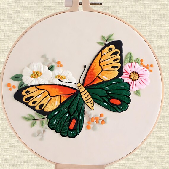 JSRQT Farfalla Fiori Punch Needle Ricamo Kit, Kit Iniziale Per