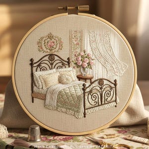 Puede incluir: Arte de aro bordado que presenta una escena detallada de un dormitorio. El diseño incluye una cama con cabecero de hierro forjado, un arreglo floral y cortinas de encaje. La paleta de colores es suave, con tonos beige, crema y verde pastel. El texto "HAND EMBROIDERY PATTERNS BY ZAZARITA" es visible.