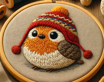 Wzór haftu „Zimowy rudzik” • Sztuka haftu tamborkiem dla początkujących (wzór PDF)