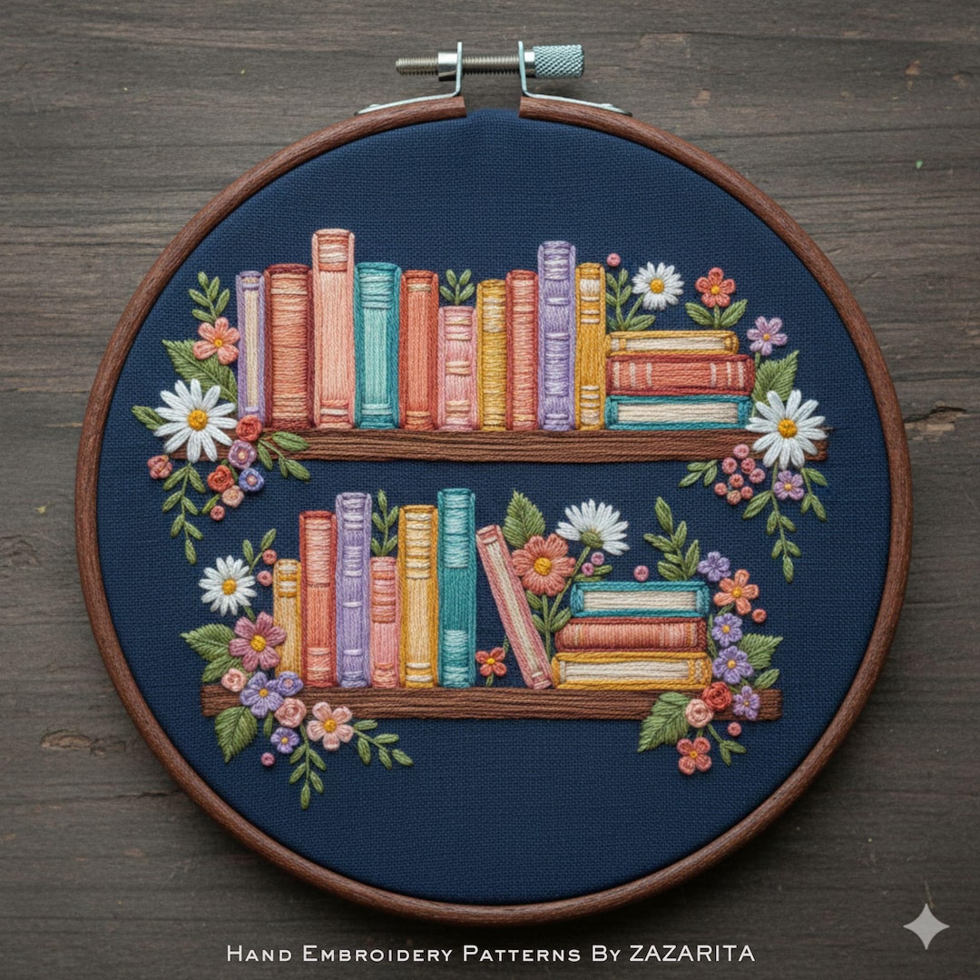 Floral Bookshelf Embroidery Pattern: Colorful Books Design (PDF Pattern ...