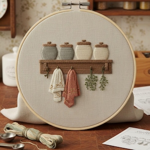 May include: Embroidered kitchen scene within a hoop. The design shows four jars on a shelf, two embroidered towels, and herb sprigs. The colour scheme is neutral, with brown, beige, and muted green tones. The embroidery is detailed and realistic.