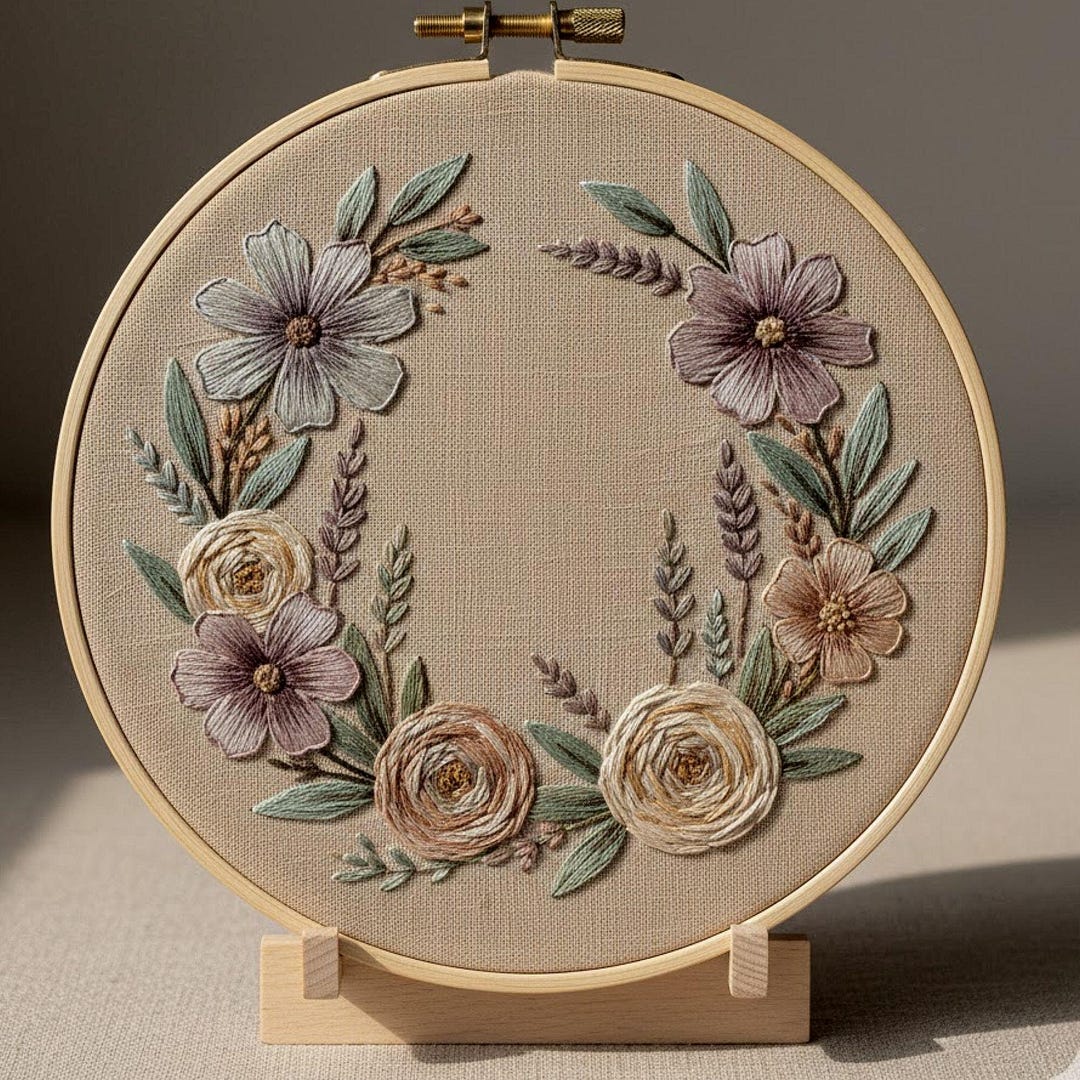 Neutral Floral Wreath Hand Embroidery Pattern – Vintage Botanical Hoop ...