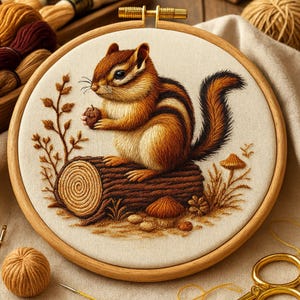 May include: Embroidered chipmunk in a wooden hoop. The chipmunk is brown, tan, and black, holding a nut while sitting on a log. The embroidery includes details of leaves, mushrooms, and grass, all in earthy tones.