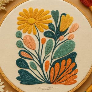 Motif floral abstrait vibrant de broderie à la main : art botanique moderne (téléchargement PDF, tailles de 6 à 8 pouces)