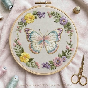 Butterfly & Floral Wreath Embroidery Pattern: Modern Hoop Art (PDF Download, DMC Colors)
