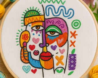 Modern Picasso-Inspired Abstract Face Hand Embroidery Pattern,  Vivid Contemporary Stitches, Picasso embroidery, abstract faces