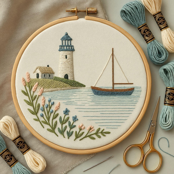 Könnte beinhalten: Ein bestickter Stickrahmen mit einem Leuchtturm und einem Segelboot. Das Design zeigt einen weißen Leuchtturm mit blauem Dach, ein kleines Haus und ein blaues Segelboot auf hellblauem Wasser. Rosa und blaue Blumen sowie grünes Laub umrahmen den unteren Bereich.