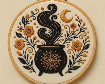 Schema di ricamo floreale con calderone mistico – Download immediato di PDF di Halloween Witchy Hoop Art