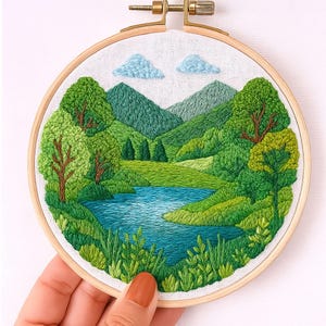 May include: Hand-stitched embroidery art depicting a serene landscape. The artwork features a blue lake, green trees, and rolling hills under a light blue sky with two clouds. The embroidery is set in a 6-inch wooden hoop, showcasing a detailed nature scene.