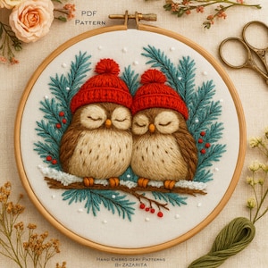 Winter Owls Hand Embroidery Pattern–Cozy Red Hats, Pine Branches & Snow Accents–Modern PDF Hoop Art for Beginners and Experts
